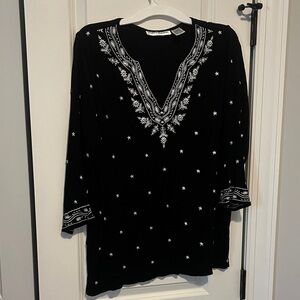 Cathy Daniels Black Top Blouse w White Floral Embroidery size XL 3/4 sleeve